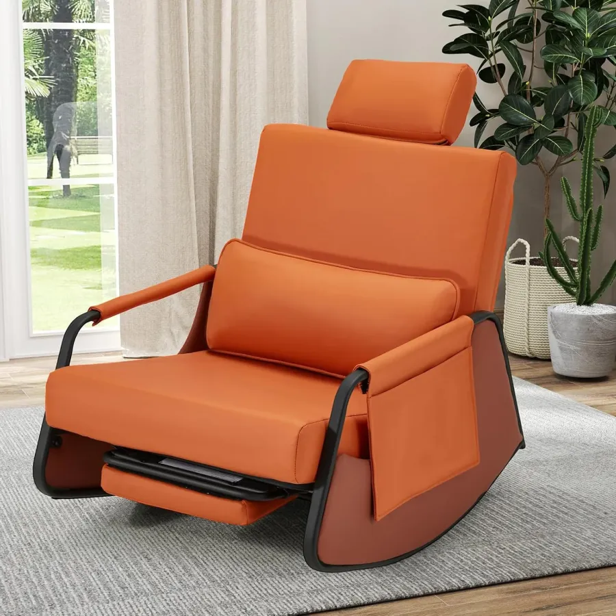 YODOLLA Retractable Gliding Rocking Chair, Orange Leather
